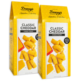 Two packages of Dewey's Bakery Classic Cheddar Cheese Straws on a white background