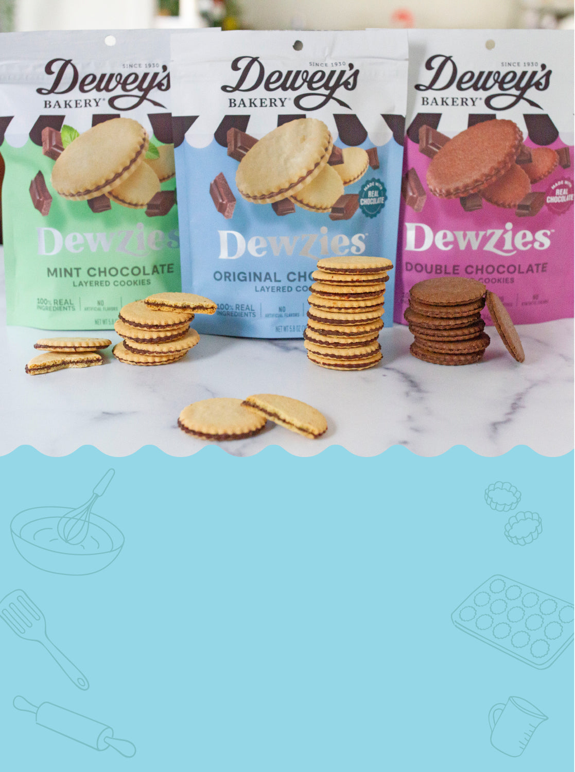 <p><strong>TRY NEW DEWZIES LAYERED COOKIES filled with real chocolate!</strong></p>