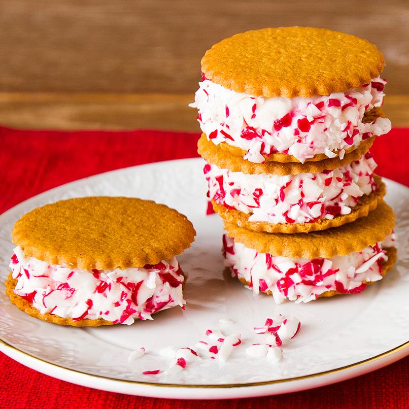 PEPPERMINT GINGER ICE CREAM SANDWICHES WITH MORAVIAN COOKIE THINS