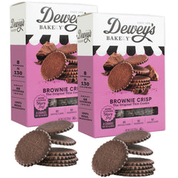 Two boxes of Dewey's Bakery Brownie Crisp cookies with cookies in front