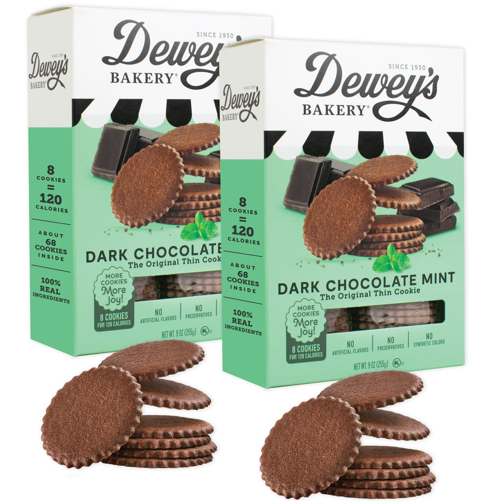 Two boxes of Dewey's Bakery Dark Chocolate Thin Mint cookies on a white background