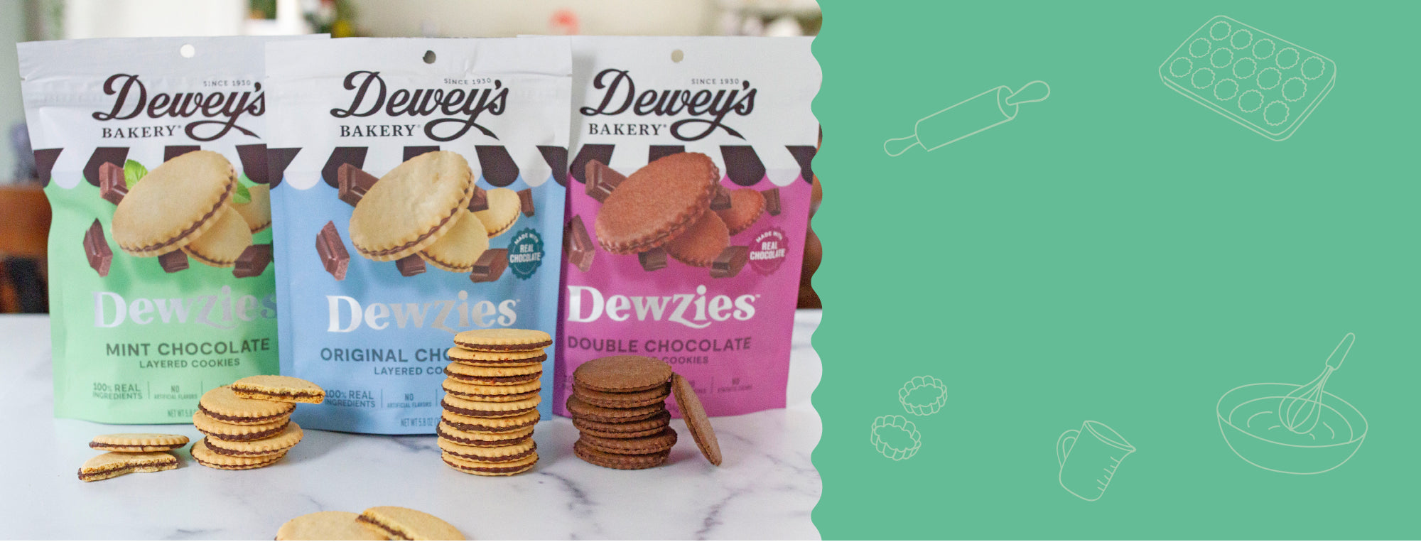 <p><strong>TRY NEW DEWZIES LAYERED COOKIES <br/>filled with real chocolate!</strong></p>