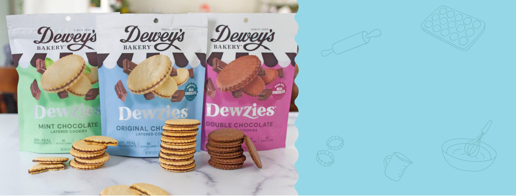 <p><strong>TRY NEW DEWZIES LAYERED COOKIES filled with real chocolate!</strong></p>