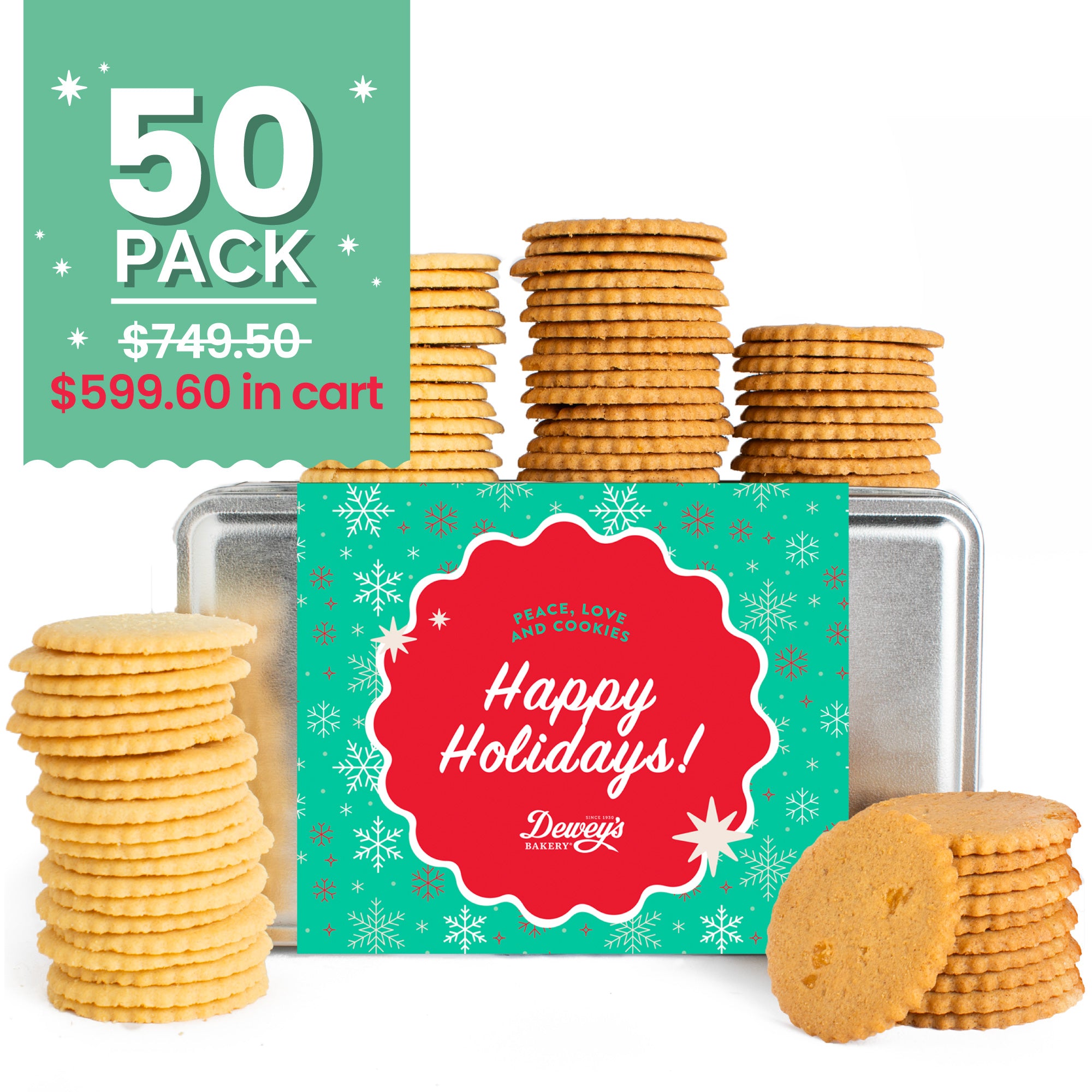 "Happy Holidays" Sugar and Ginger Tin, 50-Count Bulk Pack