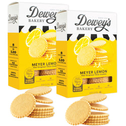 Two boxes of Dewey's Bakery Meyer Lemon cookies with cookies in front on a white background