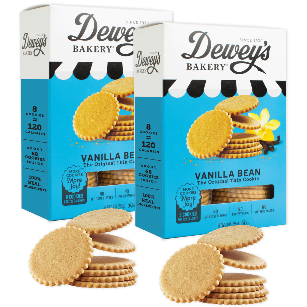Two boxes of Dewey's Bakery Vanilla Bean cookies with cookies in front